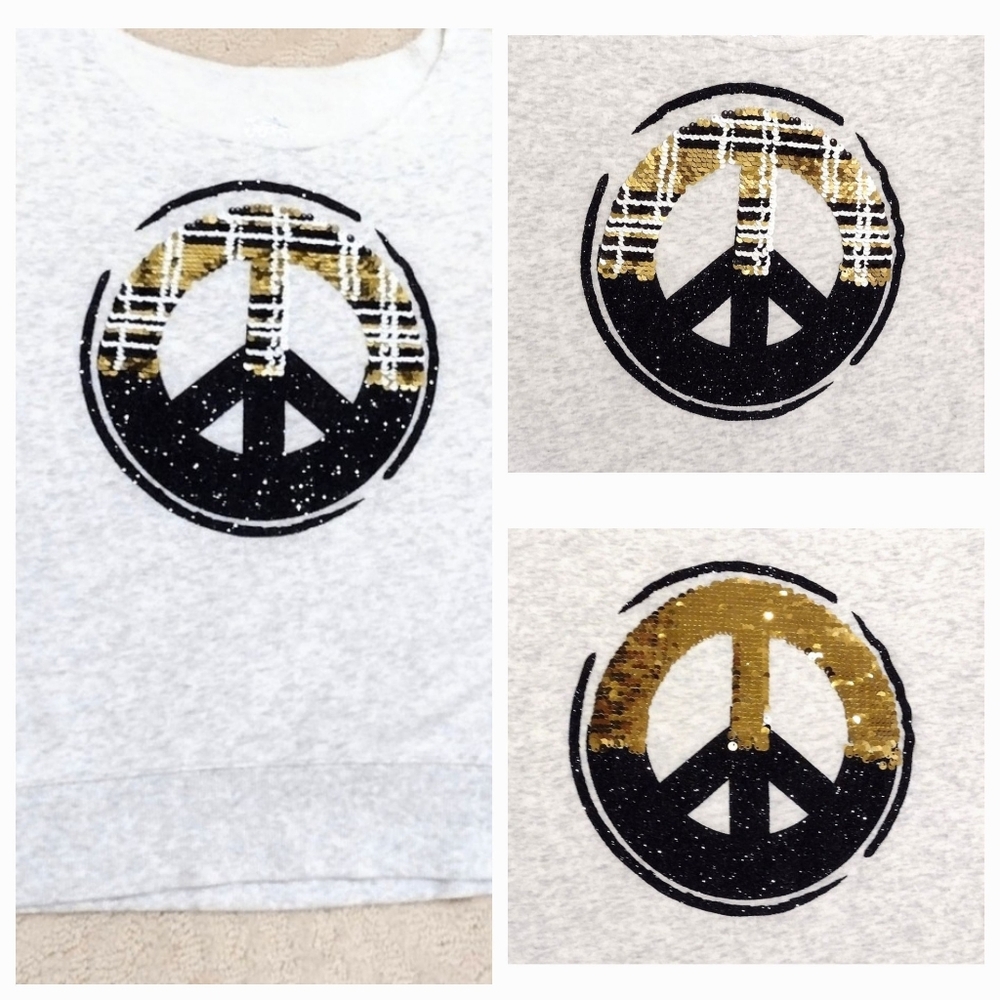 Like-New Flip Sequin Peace Sign Plaid To Gold Sweatshirt Girls Size 10